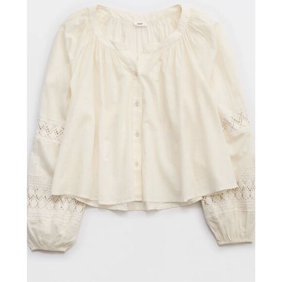 NWT Aerie Crochet Sleeve Cream Button Down Cotton Gauze Size XL Relaxed Boho Top - Picture 1 of 7